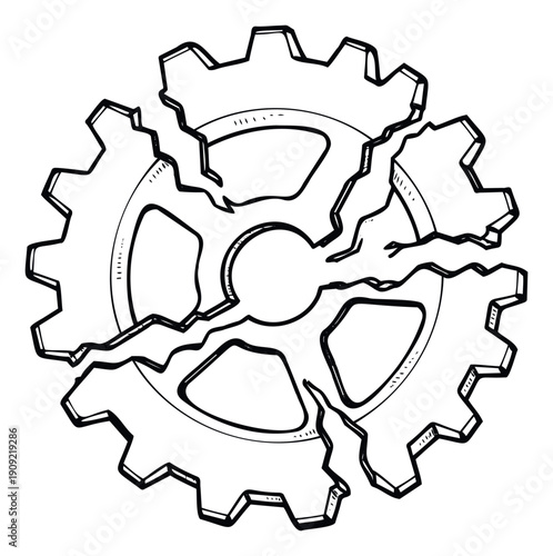 Hand drawn fractured gear symbolizing malfunction, crisis, or industrial problem, perfect for infographics, educational materials, or thematic corporate communications.
