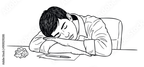 Asian man sleeping on desk with crumpled paper and pen portraying exhaustion from overwork ideal for presentations on stress or student life concepts