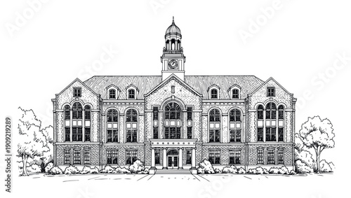 Detailed architectural sketch of a grand historic building featuring a prominent clock tower, suitable for educational materials or academic institution branding