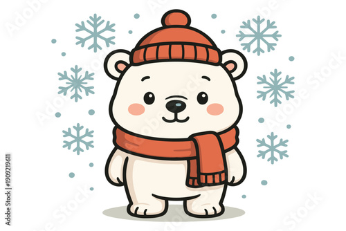 A cheerful polar bear dressed warmly in winter attire with a scarf and hat