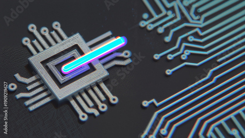 Wallpaper Mural microchip icon with a cyan laser beam and purple pathways on a dark background with a glowing wireframe grid and grainy paper texture Torontodigital.ca