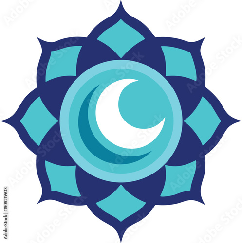 Blue lotus flower with crescent moon isolated on transparent background, Vector, illustration