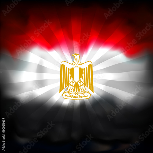 Egypt flag. Abstract grunge background with sun rays. Egyptian flag. Watercolor dark background. Color grunge texture for creative design. Nation patriotic template. Egypt vector banner design