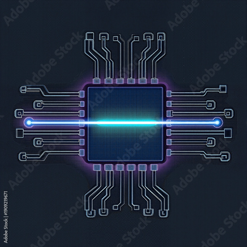 Wallpaper Mural microchip icon with a cyan laser beam and purple pathways on a dark background with a glowing wireframe grid and grainy paper texture Torontodigital.ca