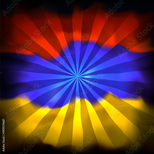 Flag of armenia. Abstract grunge background with sun rays. Armenian flag. Watercolor dark background. Color grunge texture for creative design. Nation patriotic template. Armenia vector banner design