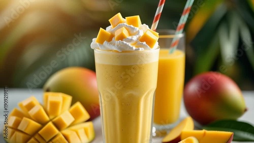 Tropical mango smoothie in tall glass vibrant fresh summer drink video