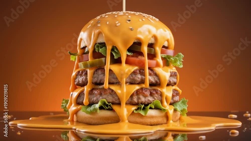 Towering multi layered cheeseburger dramatic studio food photography style video