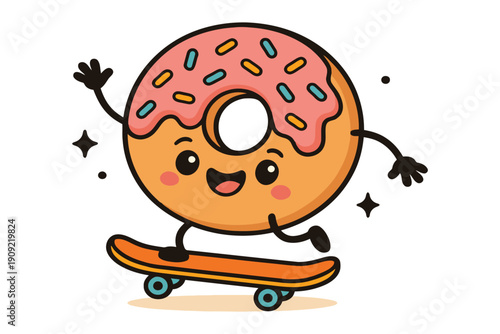 A cheerful cartoon doughnut skateboarding with animated expressions and sparkles