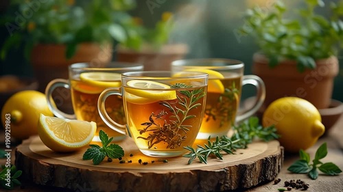 Warm still life herbal tea in clear glass cups cozy lifestyle video