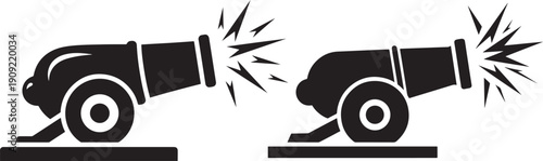 Two canons firing silhouettes black icons isolated