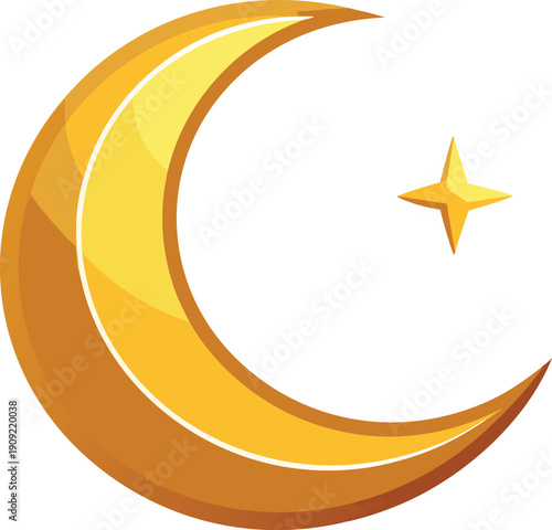 Golden crescent moon with star isolated on transparent background, Vector, illustration