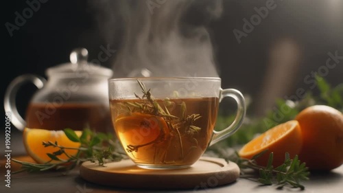 Steaming herbal tea in clear glass mug calming wellness drink video