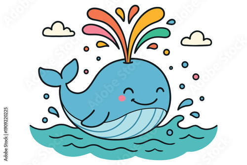 A cheerful cartoon whale blowing a colorful rainbow spray into the sky