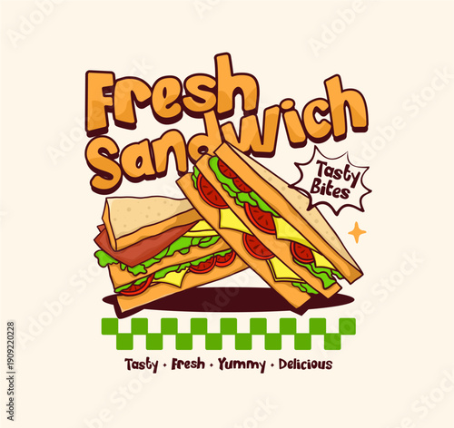 vintage retro fresh sandwich illustration for streetwear t-shirt and poster design, classic food with trendy typography and checkered background