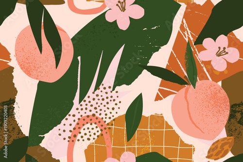 Collage contemporary peach, leaves and polka dot shapes seamless pattern. Mid Century Modern Art exotic design for paper, cover, fabric, interior decor and other users.