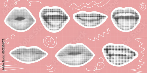 Mouth and lips set in halftone style. Smile, kiss, conversation, silence, meaning. Female mouth in various variations, elements for collage, vector graphics