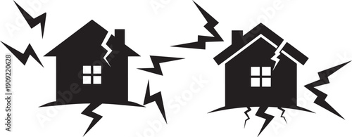 Two houses destruction silhouette black icons set
