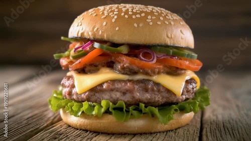 Juicy gourmet burger with cheese vegetables rustic table appetizing food video