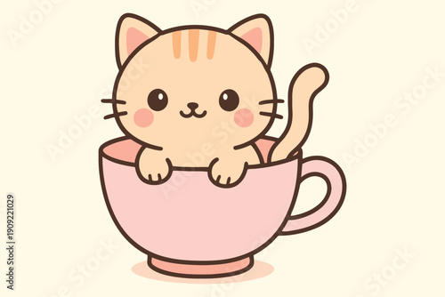 Adorable cartoon cat peeking out from a pink teacup with a cheerful expression