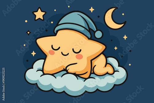 Dreamy star character peacefully sleeping on fluffy clouds under a moonlit sky