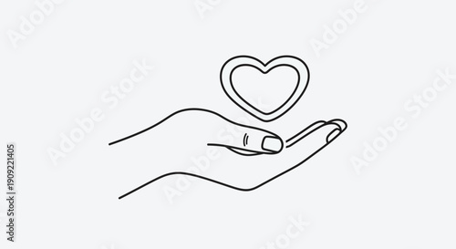 Outlined Hand Gently Holding a Heart Shape Icon Symbolizing Care, Love, and Health in a Bright Studio.