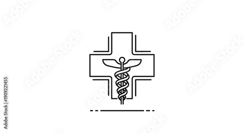 Medical Cross with Caduceus Symbol Outline for Healthcare and Pharmacy Services on Isolated White Background