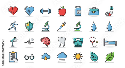 Comprehensive Health and Medical Line Icons Set with Colorful Elements on an Isolated White Background.