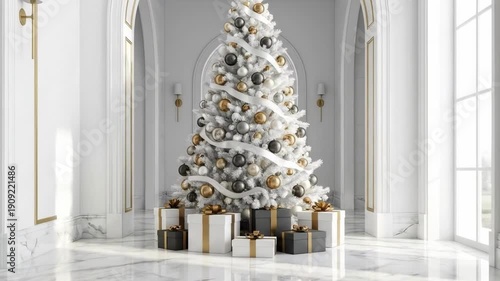 Wallpaper Mural white decorated christmas tree. A beautifully decorated white Christmas tree adorned with silver and gold ornaments stands elegantly in a spacious, modern interior adorned with marble Torontodigital.ca