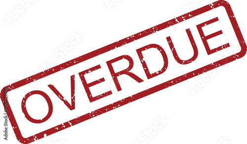 A significant red rectangular grunge rubber stamp featuring the word OVERDUE clearly on a crisp white surface
