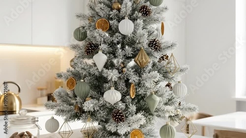 Wallpaper Mural white decorated christmas tree. A beautifully decorated Christmas tree stands in a modern kitchen, adorned with white and gold ornaments, surrounded by festive elements and a cozy atmosphere Torontodigital.ca