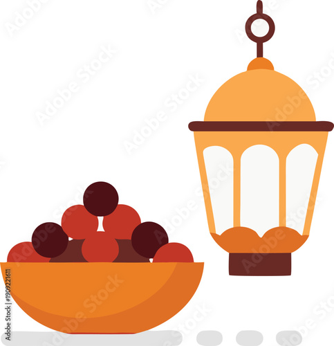 Orange bowl with fruit and lantern isolated on transparent background, Vector, illustration