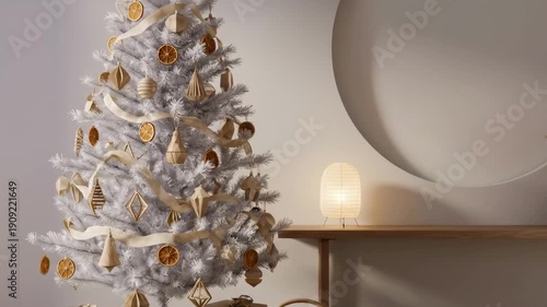 Wallpaper Mural white decorated christmas tree. A beautifully decorated white Christmas tree adorned with golden ribbons and dried orange slices, set in a cozy minimalist living room with soft furnishings Torontodigital.ca