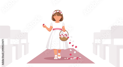 Young flower girl walking down wedding aisle throwing pink petals
