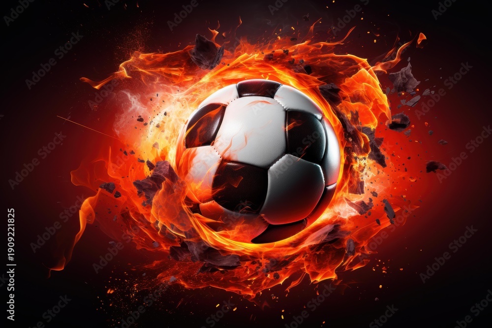 Fototapeta premium Soccer ball surrounded by dynamic flames and particles exploding with intense energy