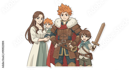 Family of adventurers, ready for questing with parents and children, holding swords