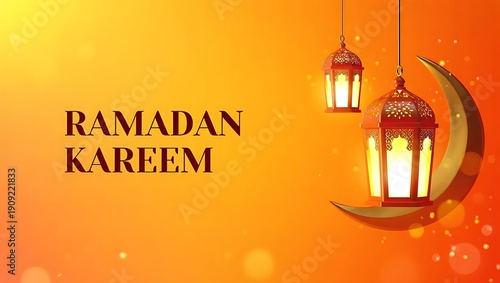 Modern Ramadan Kareem 3D Greeting on Orange Gradient Background with Warm Glowing Lanterns, Golden Crescent Moon, and Soft Sparkling Light Orbs for Islamic Spiritual Holidays