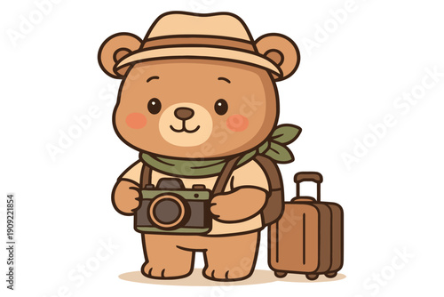 Adventurous bear ready for a photography journey with luggage and camera