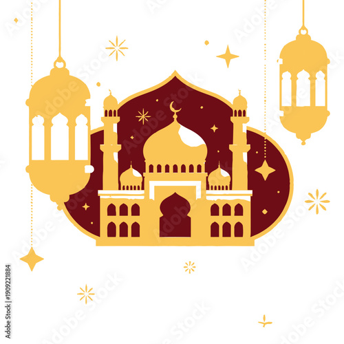 Golden silhouette of a grand mosque adorned with hanging lanterns and twinkling stars creates an elegant background graphic for Islamic celebrations.