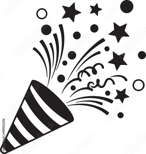 Celebration party popper exploding with stars and confetti on transparent background