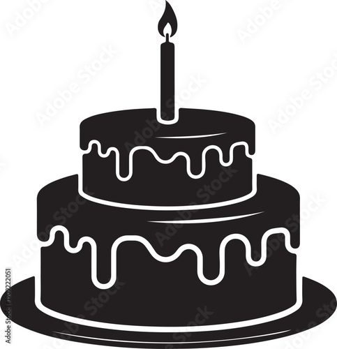 Black birthday cake with single lit candle transparent background