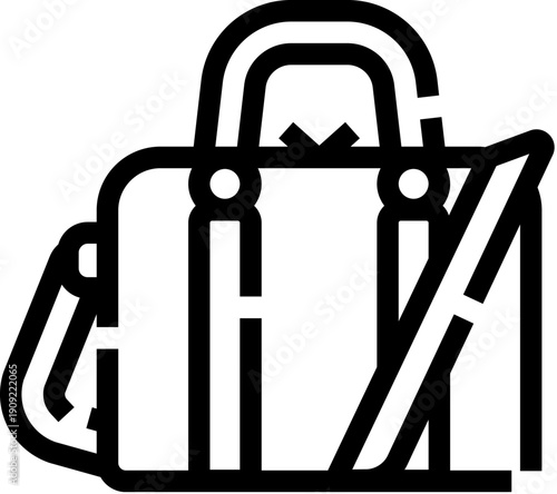 Black line art drawing of a travel bag with a top handle and shoulder strap representing concepts of business trips, personal luggage, and carrying essentials during journeys