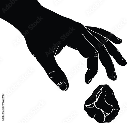 Black silhouette of hand reaching for rock white background