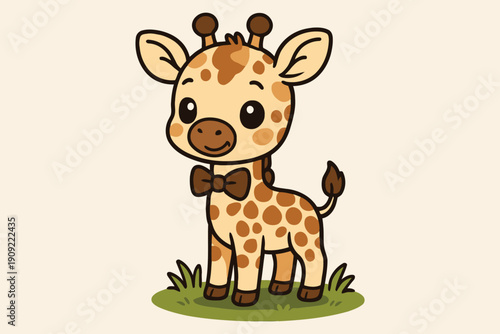 Cute cartoon baby giraffe standing on a patch of green grass