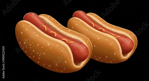 Delicious Cartoon Hot Dogs with Mustard on Black Background inviting enjoyment