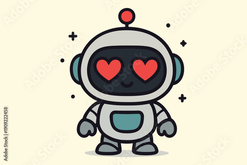 A cute robot with red heart eyes and a cheerful expression in a space-themed design