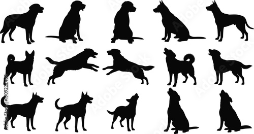 Black silhouettes of various dog breeds in different poses dog silhouettes black dogs