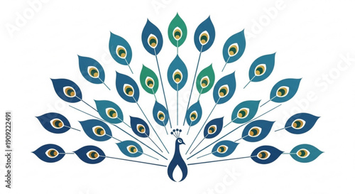 Vibrant peacock displaying colorful tail feathers on white background symbolizing beauty and pride in nature