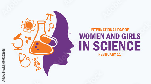 International Day of Women and Girls in Science poster vector illustration. Female scientist icon set. Woman face side profile and science symbols. Template for background, banner, card, poster