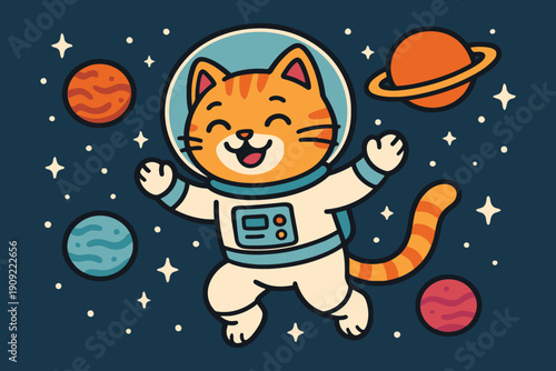 Astronaut cat exploring the wonders of outer space with planets in the background