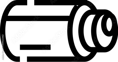 35mm film cartridge with visible film strip, minimalist black and white outline evoking vintage cinema, analog photography, nostalgia, and classic movie production tools